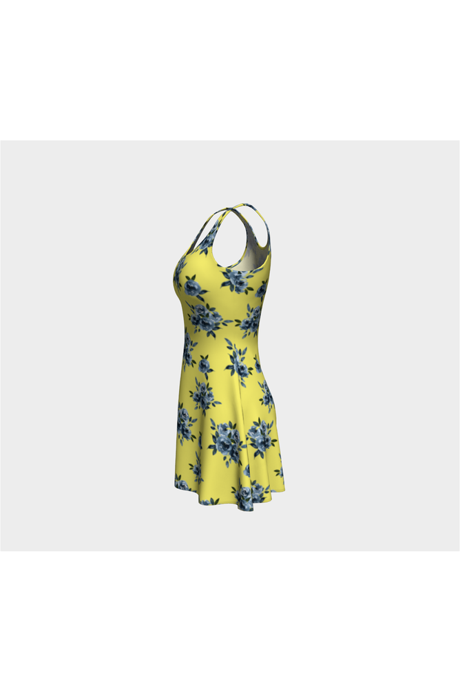 Blue Floral on Yellow Flare Dress - Objet D'Art