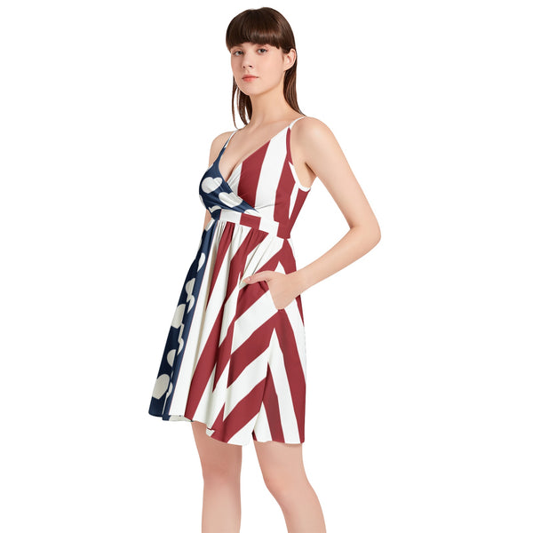 Americana Hearts and Stripes Spaghetti Strap Sleeveless Falred Hem Short Dress - Objet D'Art