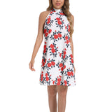 Red Floral Print Tie Back Halter Neck Flared Dress - Objet D'Art