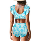 greek roses in blue print Women's Ruffle Sleeve Bikini Swimsuit (Model S42) - Objet D'Art