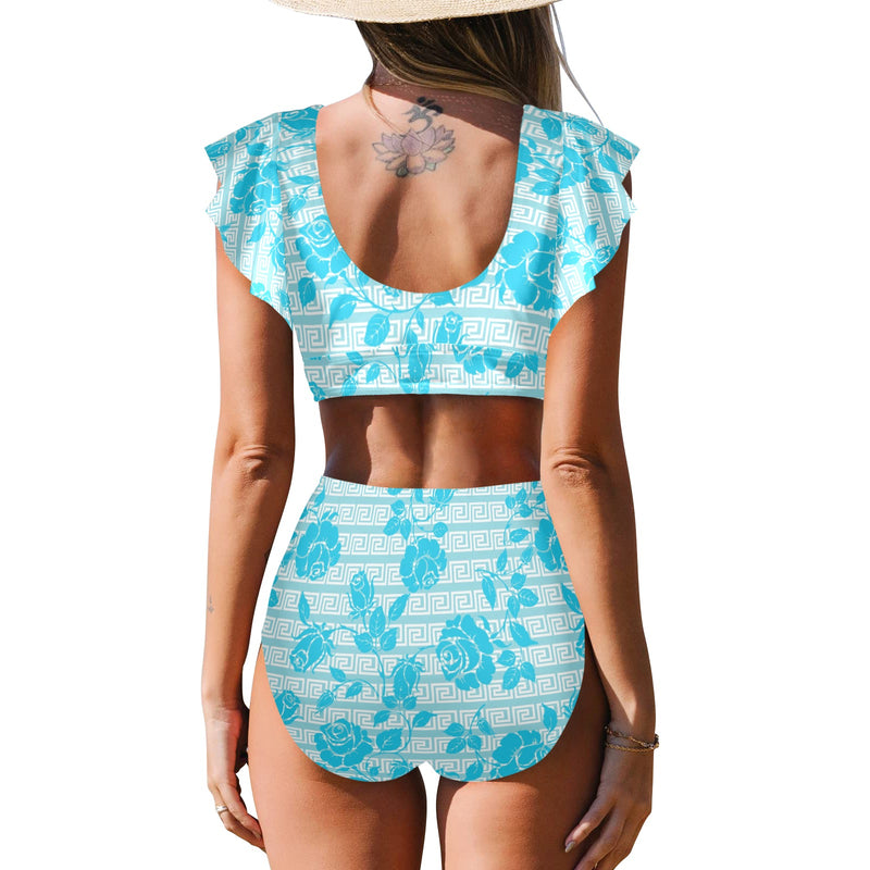 greek roses in blue print Women's Ruffle Sleeve Bikini Swimsuit (Model S42) - Objet D'Art