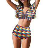 self portrait color scheme print Women's Ruffle Sleeve Bikini Swimsuit (Model S42) - Objet D'Art