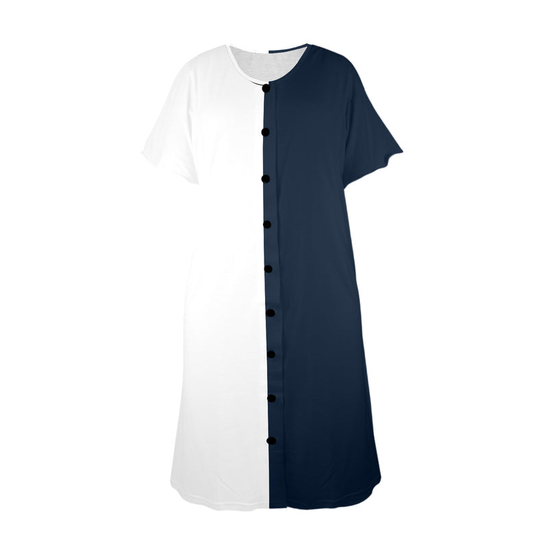blue and white solid half Women's Button Front House Dress - Objet D'Art