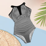 striped geo print 5C Women's High Neck Plunge Mesh Ruched Swimsuit (S43) - Objet D'Art
