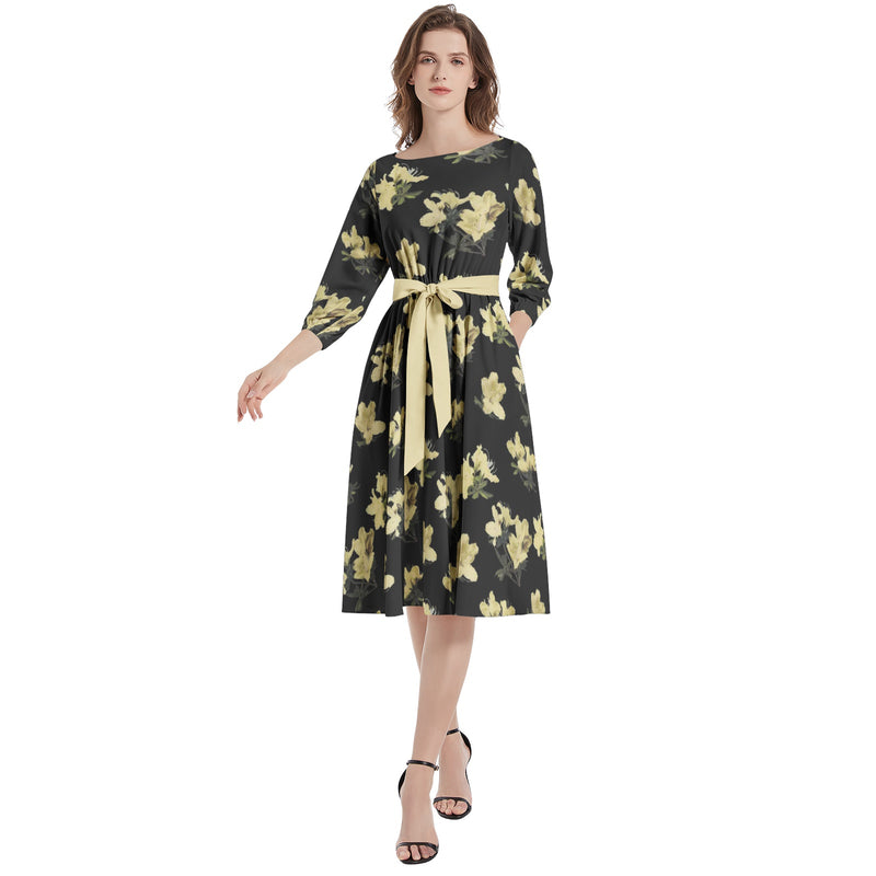 Azalea Print Boat Neck Belted Flared Dress - Objet D'Art