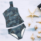 bluish gray palms Women's One Shoulder Backless Swimsuit (Model S44) - Objet D'Art