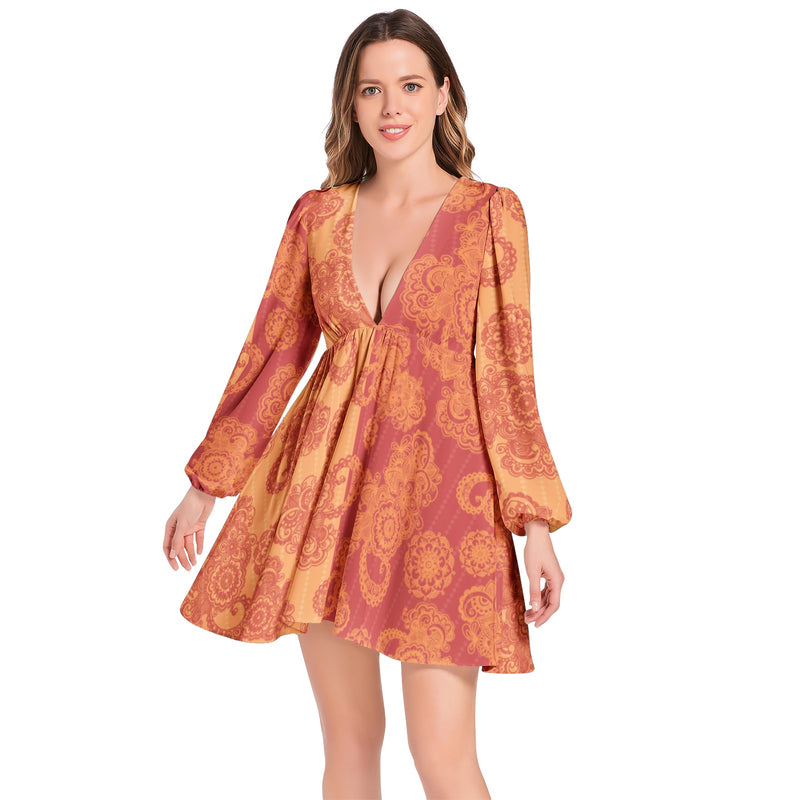 Lantern Sleeve Deep V-Neck Short Dress - Objet D'Art