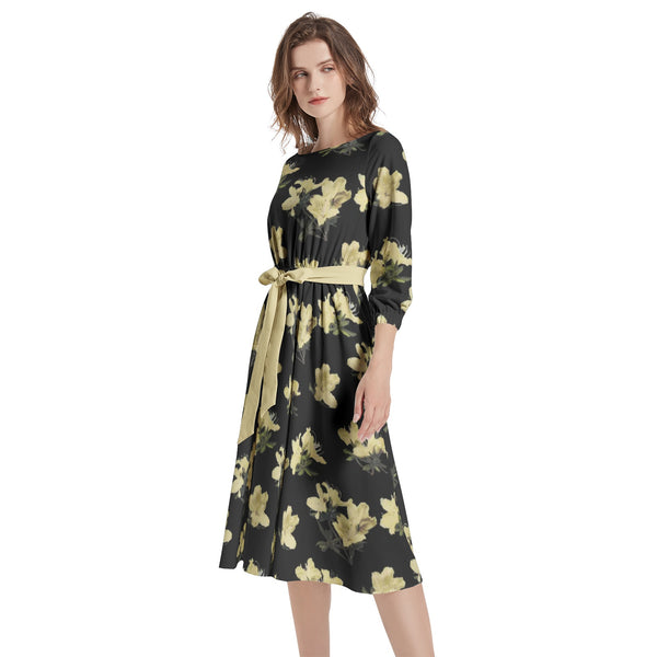 Azalea Print Boat Neck Belted Flared Dress - Objet D'Art