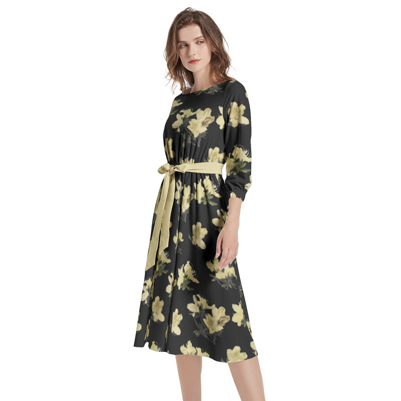 Azalea Print Boat Neck Belted Flared Dress - Objet D'Art