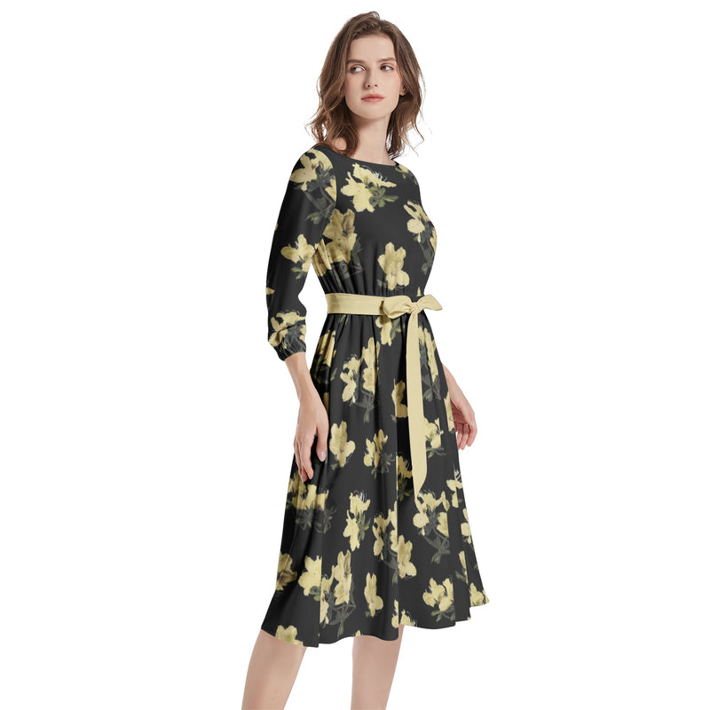 Azalea Print Boat Neck Belted Flared Dress - Objet D'Art