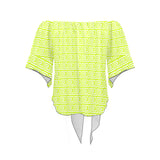 white neon green greek key print Off Shoulder Knot Front Blouse (Model T71) - Objet D'Art