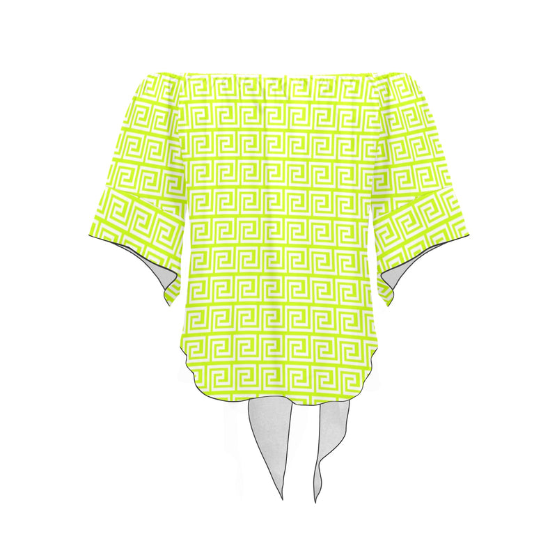 white neon green greek key print Off Shoulder Knot Front Blouse (Model T71) - Objet D'Art