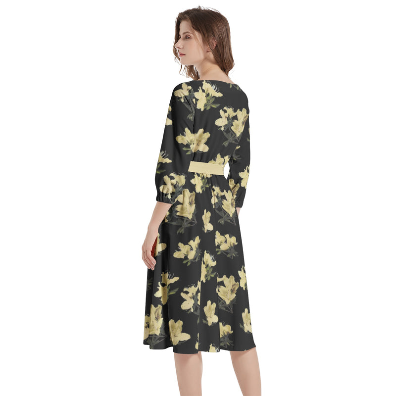 Azalea Print Boat Neck Belted Flared Dress - Objet D'Art