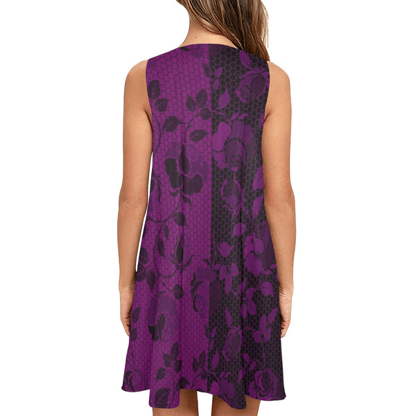 purple rose print 2 Sleeveless A-Line Pocket Dress (Model D57) - Objet D'Art