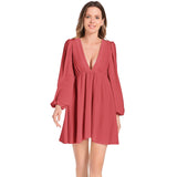 Pridefully Red Lantern Sleeve Deep V-Neck Short Dress - Objet D'Art