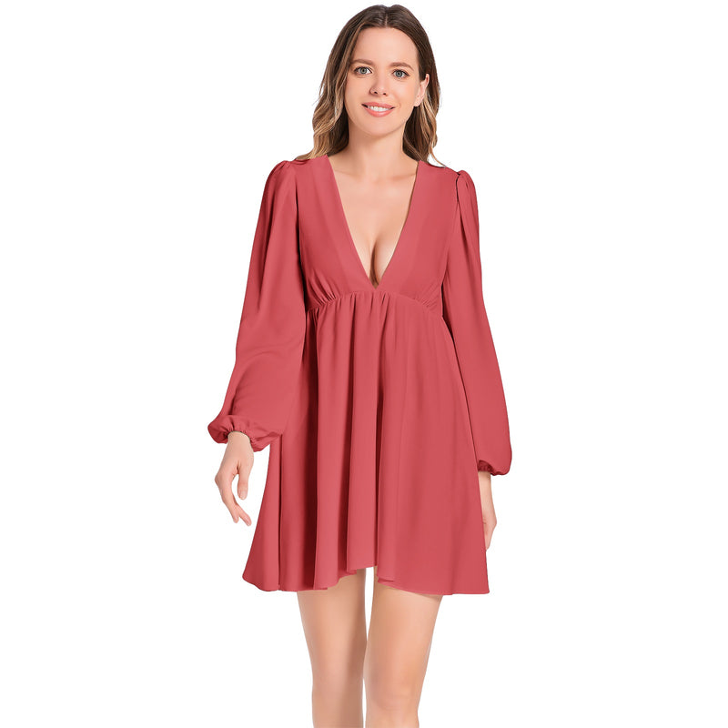 Pridefully Red Lantern Sleeve Deep V-Neck Short Dress - Objet D'Art