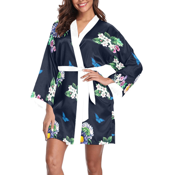 floral blue print 5 Long Sleeve Kimono Robe - Objet D'Art