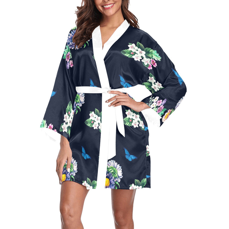 floral blue print 5 Long Sleeve Kimono Robe - Objet D'Art