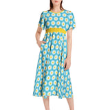 Daisy Print Short Sleeve Shirred Waist Midi Dress - Objet D'Art