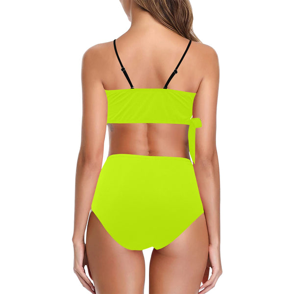 bright neon green print Knot Side Bikini Swimsuit (Model S37) - Objet D'Art