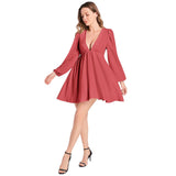 Pridefully Red Lantern Sleeve Deep V-Neck Short Dress - Objet D'Art