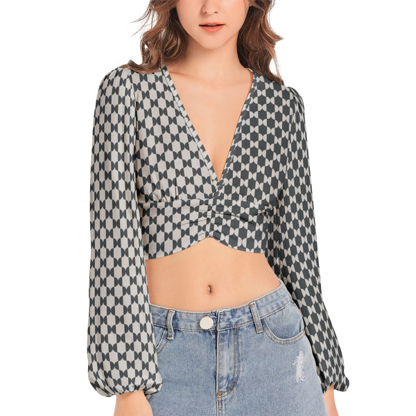 Women's Deep V-Neck Lantern Sleeve Crop Top - Objet D'Art