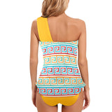 saffron print solid 2 Women's One Shoulder Backless Swimsuit (Model S44) - Objet D'Art