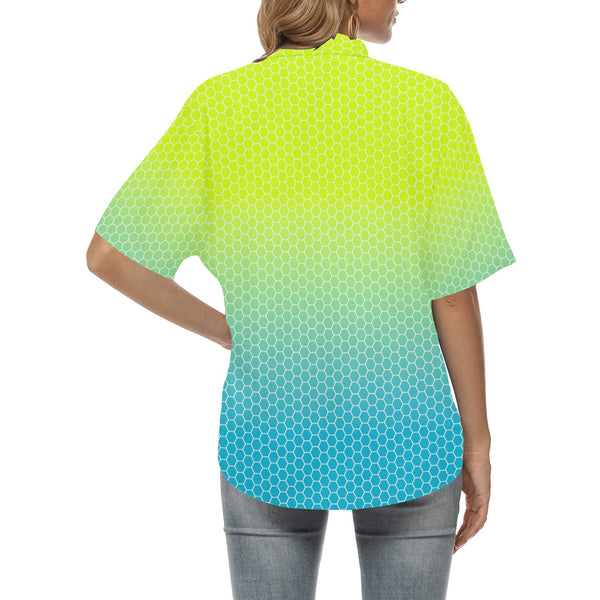neon green hex print 5 All Over Print Hawaiian Shirt for Women (Model T58) - Objet D'Art