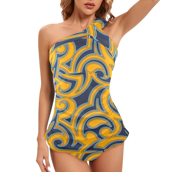 scroll turmeric blue stroke print Women's One Shoulder Backless Swimsuit (Model S44) - Objet D'Art