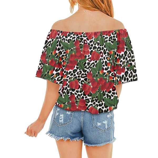 rasp leopard print 3 Off Shoulder Knot Front Blouse (Model T71) - Objet D'Art