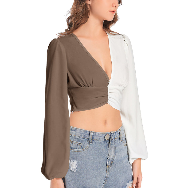 Women's Deep V-Neck Lantern Sleeve Crop Top - Objet D'Art
