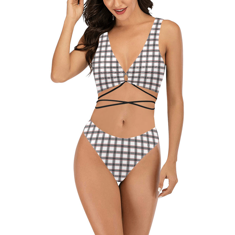 grid red gray print 2 Cross String Bikini Set (Model S29) - Objet D'Art