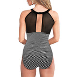 striped geo print 5C Women's High Neck Plunge Mesh Ruched Swimsuit (S43) - Objet D'Art