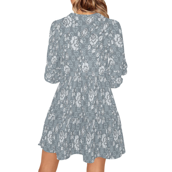 adinkra and roses gray print V-Neck Loose Fit Dress (Model D62) - Objet D'Art