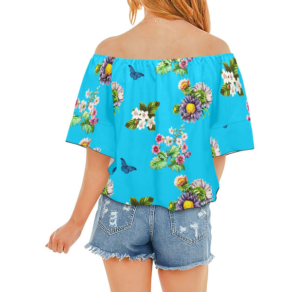 light blue floral print 4 Off Shoulder Knot Front Blouse (Model T71) - Objet D'Art