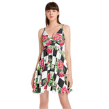 Rose on Checkered Spaghetti Strap Sleeveless Falred Hem Short Dress - Objet D'Art