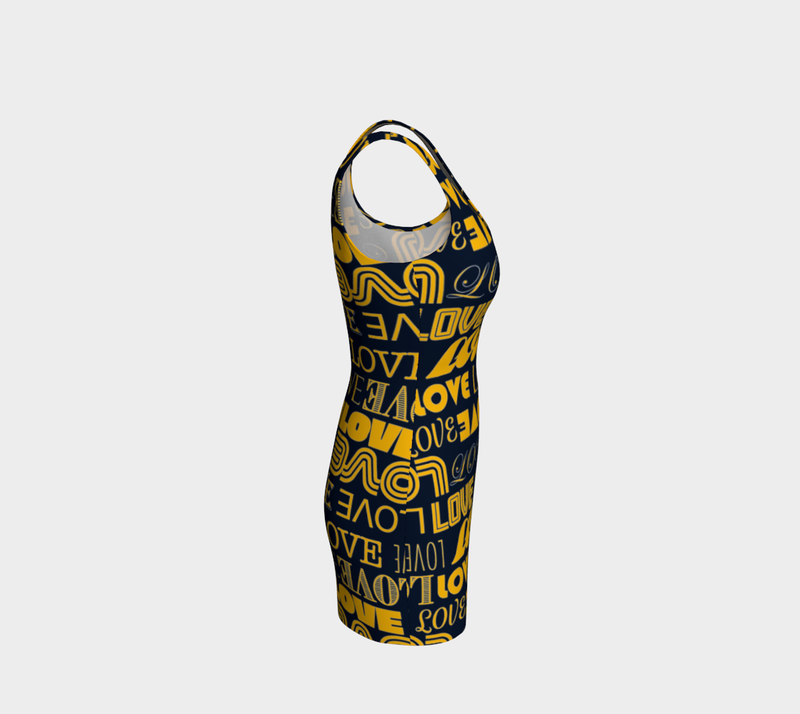 Blue & Gold Love Print Bodycon Dress - Objet D'Art