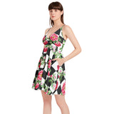 Rose on Checkered Spaghetti Strap Sleeveless Falred Hem Short Dress - Objet D'Art