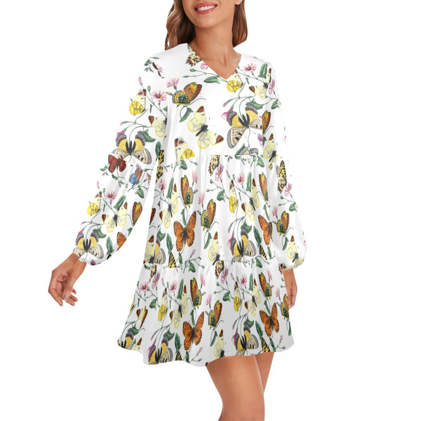 artsadd butterfly print V-Neck Loose Fit Dress (Model D66) - Objet D'Art