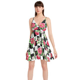 Rose on Checkered Spaghetti Strap Sleeveless Falred Hem Short Dress - Objet D'Art