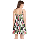 Rose on Checkered Spaghetti Strap Sleeveless Falred Hem Short Dress - Objet D'Art