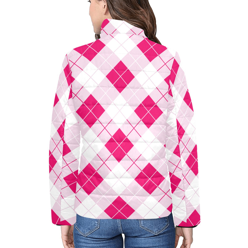 Innuendos of Pink Argyle Women's Stand Collar Padded Jacket - Objet D'Art