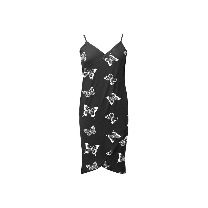 white butterfly silhouettes on Black print Spaghetti Strap Backless Beach Cover Up Dress (Model D65) - Objet D'Art