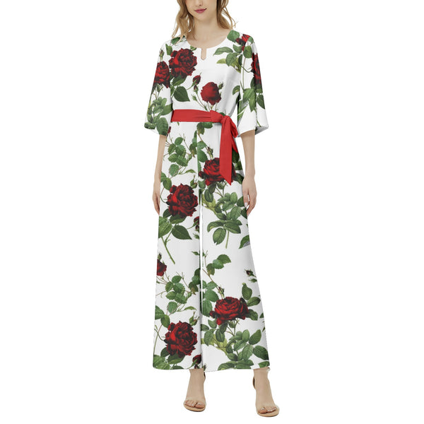 Rose Print Dolman Sleeve Belted Wide Leg Jumpsuit - Objet D'Art