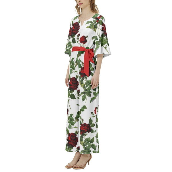 Rose Print Dolman Sleeve Belted Wide Leg Jumpsuit - Objet D'Art