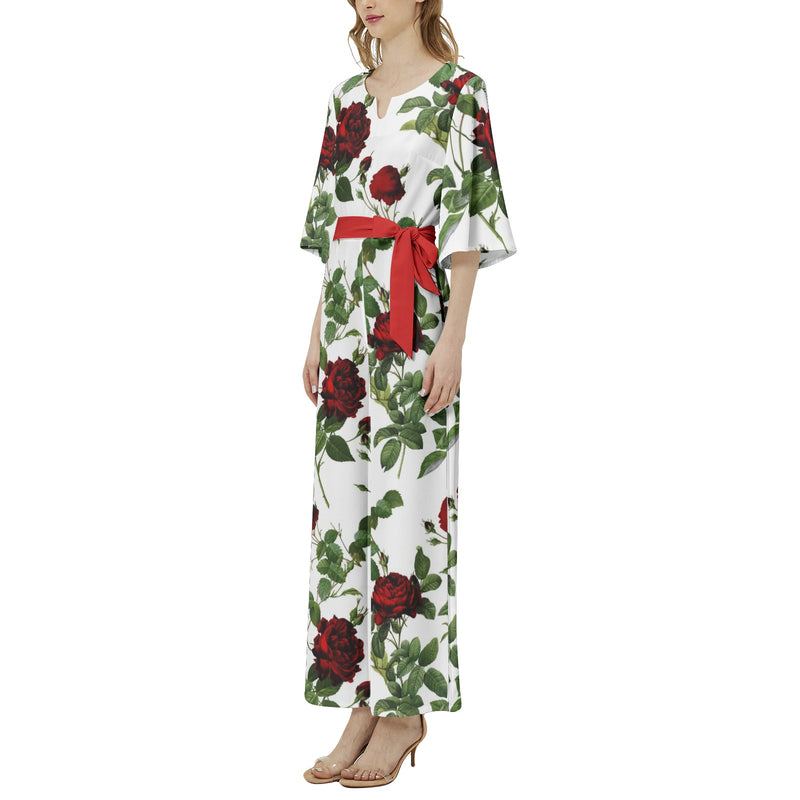Rose Print Dolman Sleeve Belted Wide Leg Jumpsuit - Objet D'Art