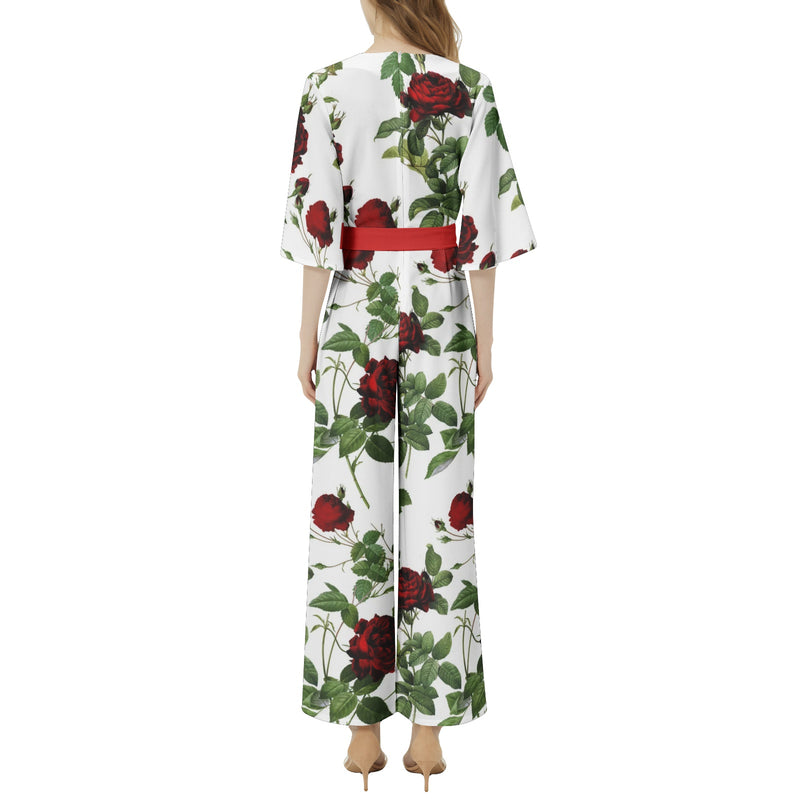 Rose Print Dolman Sleeve Belted Wide Leg Jumpsuit - Objet D'Art