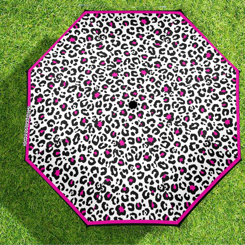 fuchsia leopard print bordered Semi-Automatic Foldable Umbrella (Model U12) - Objet D'Art