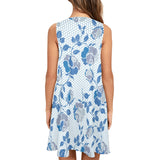 blue gray rose print Sleeveless A-Line Pocket Dress (Model D57) - Objet D'Art