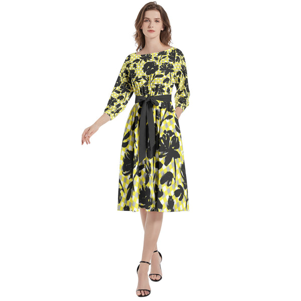 Boat Neck Belted Flared Dress - Objet D'Art